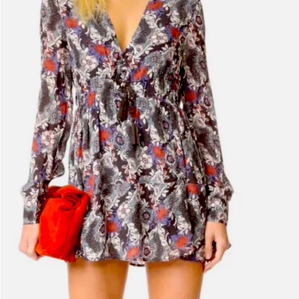 Free People Stealing Fire Printed Mini Dress Boho Bohemian Tassel - size M